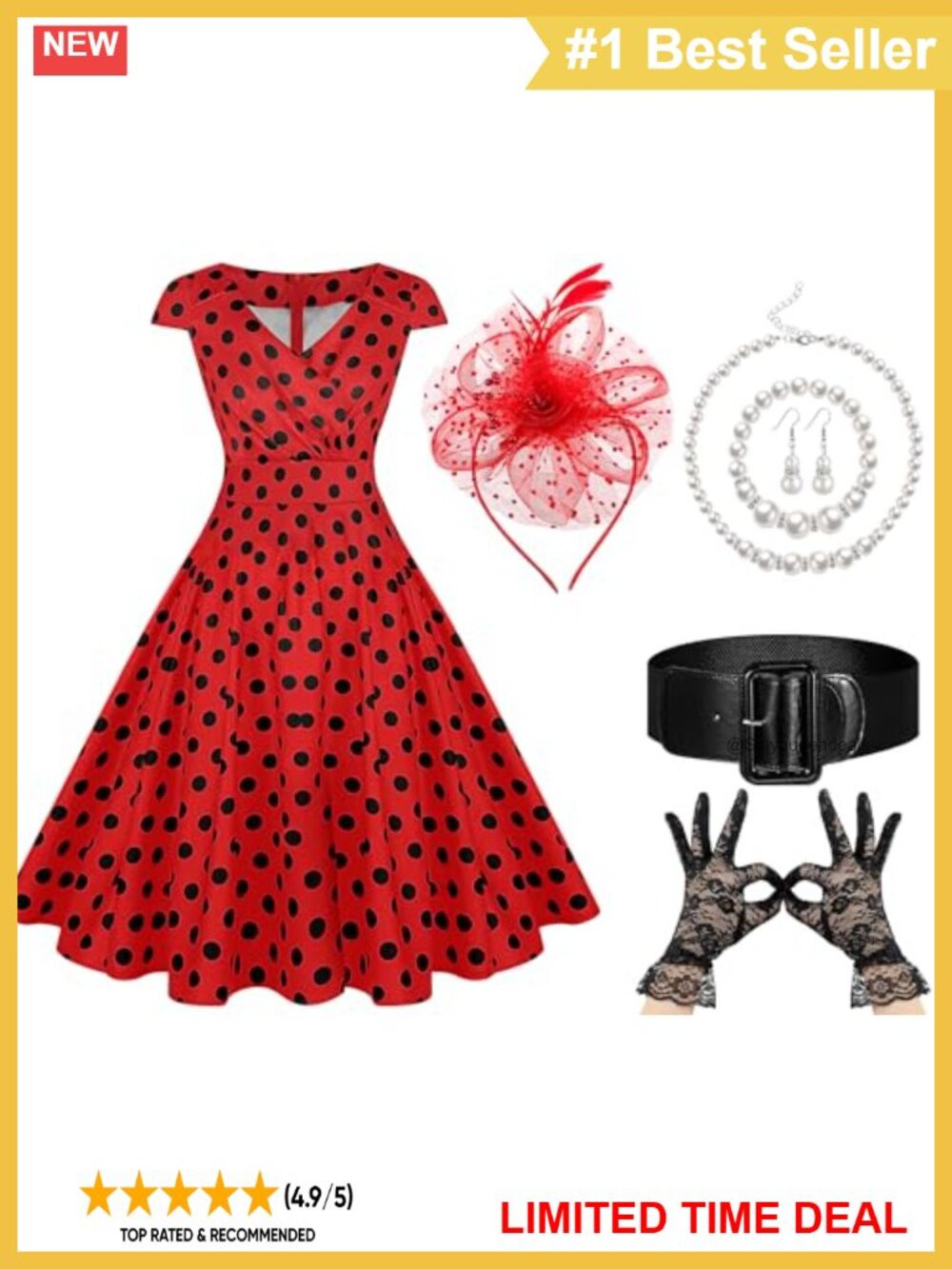 6 Pcs 1950s Swing Dress Set Polka Dot Vintage Outfit Fascinator Gloves Pearl
